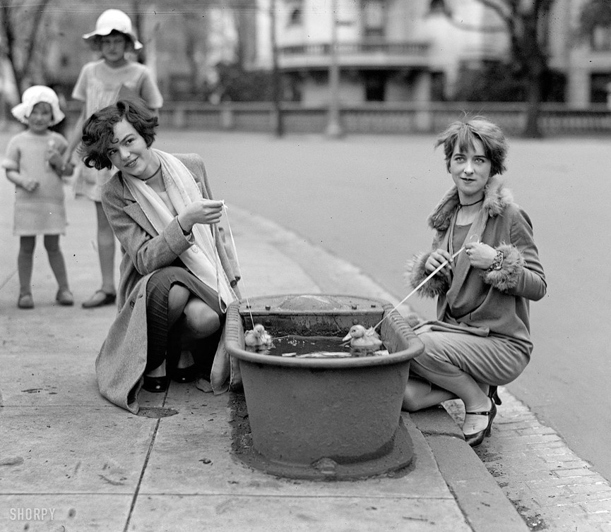 Девушки выгуливают утят в поилке. Вашингтон, 1927 год